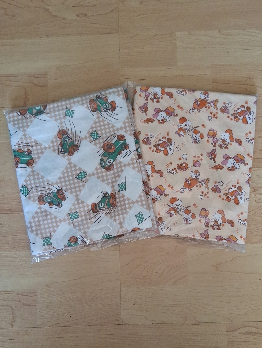 Set Of 2 Vintage Receiving Blanket Fabric Racecars Elephants 40" x 34"